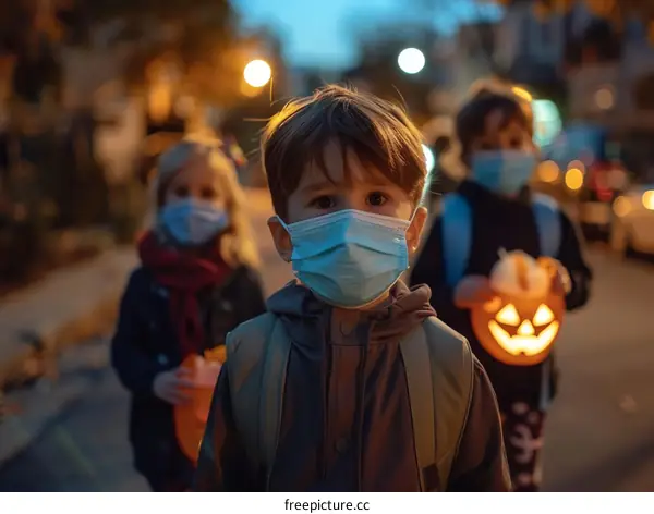 Three kids wearing masks trick-or-treating during COVID-19 pandemic