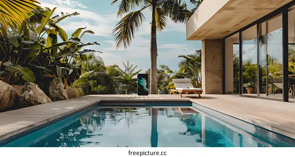 Modern Tropical Poolside Landscape With Palm Trees And A Lounger