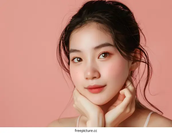 Closeup Portrait of a Young Asian Woman with Pink Blush