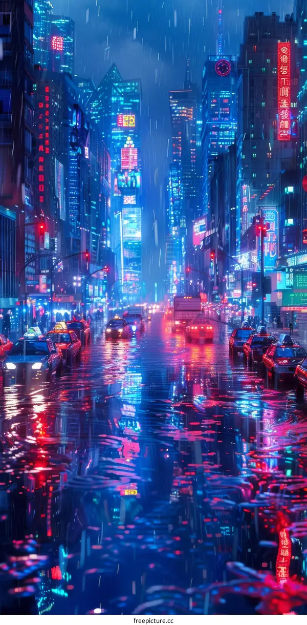 Rainy Night Cityscape Neon Lights Reflections