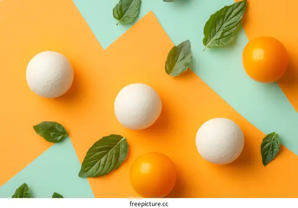 White and Orange Balls with Green Leaves on Orange and Green Background