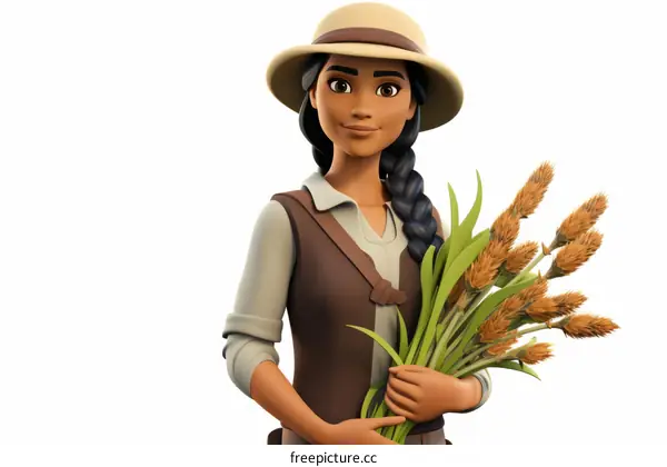 A female farmer holding a bundle of wheat