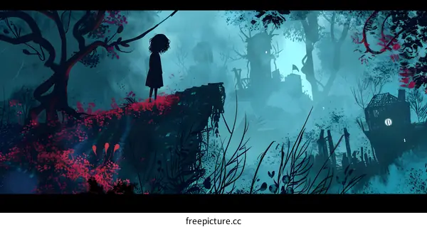 Silhouette of a Girl in a Mysterious Forest