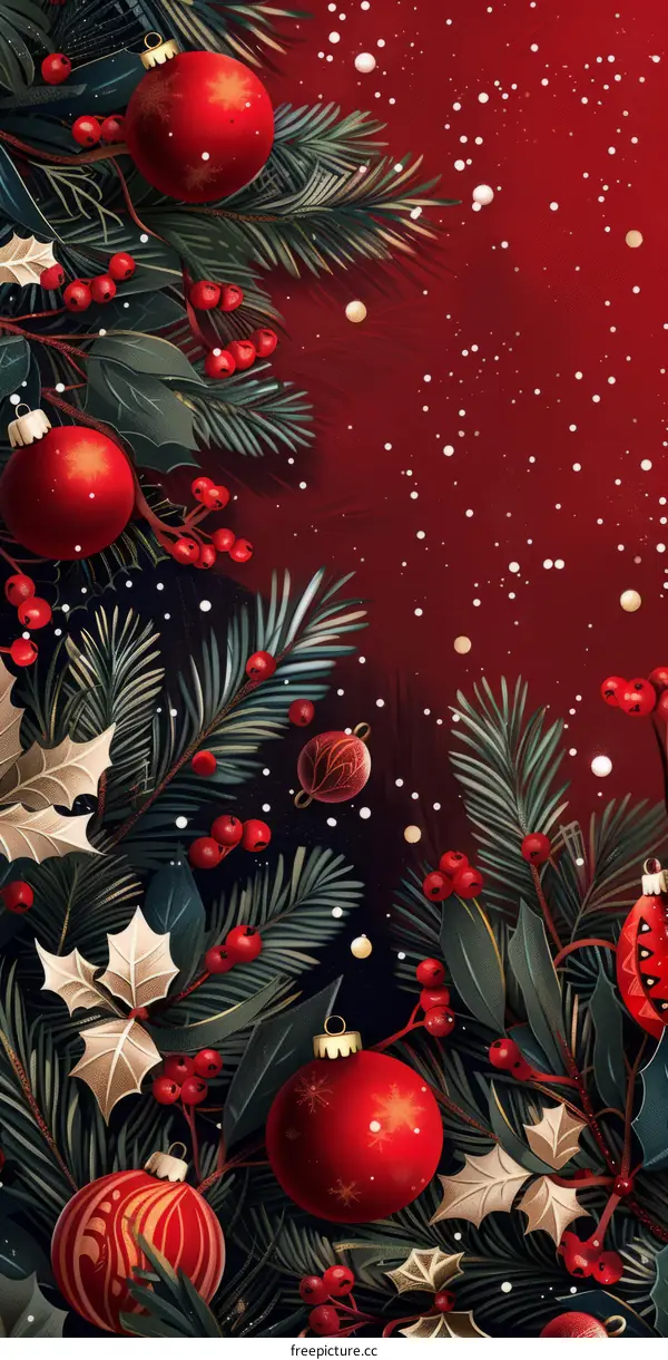 Christmas background with red and green leaves and ornaments
