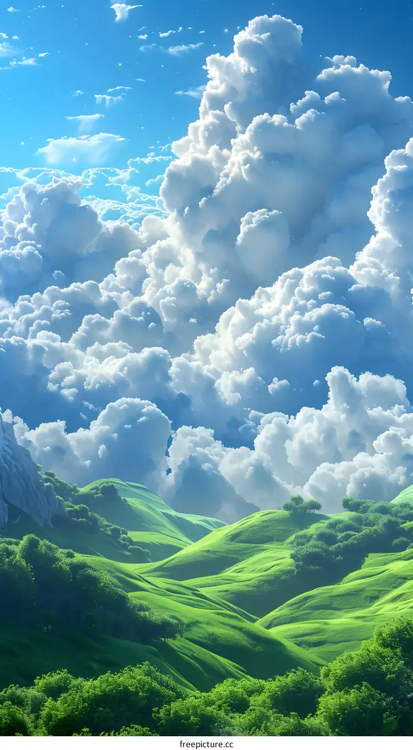 The beautiful landscape of green hills and white clouds