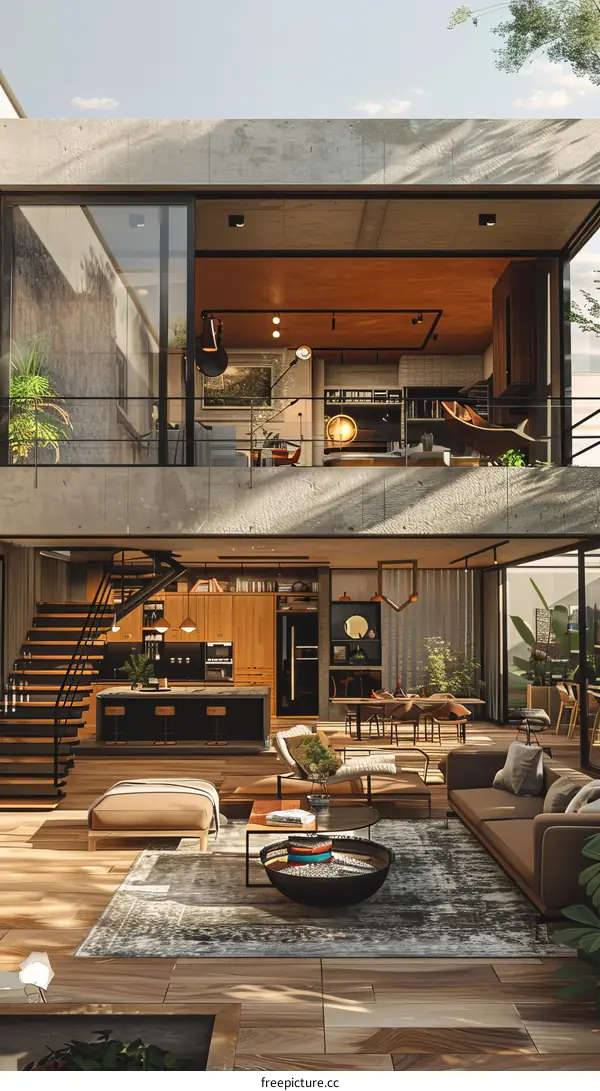 Modern Open-Plan Living Space Interior Design Illustration