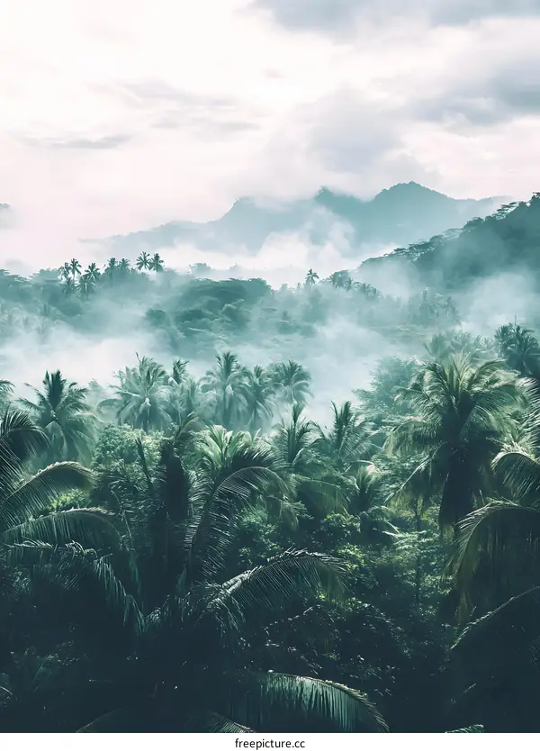 Tropical Rainforest Landscape with Fog and Mountains