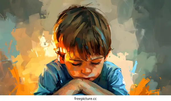 An illustration of a boy with brown hair and blue eyes wearing a blue shirt