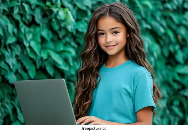 Girl Working on Laptop Outdoors