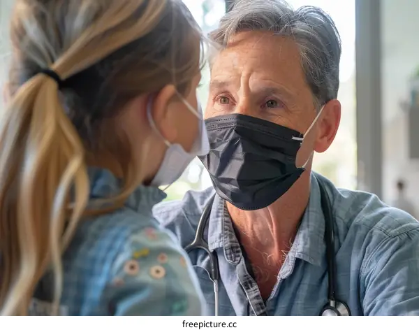 Doctor and patient wearing masks during COVID-19 pandemic