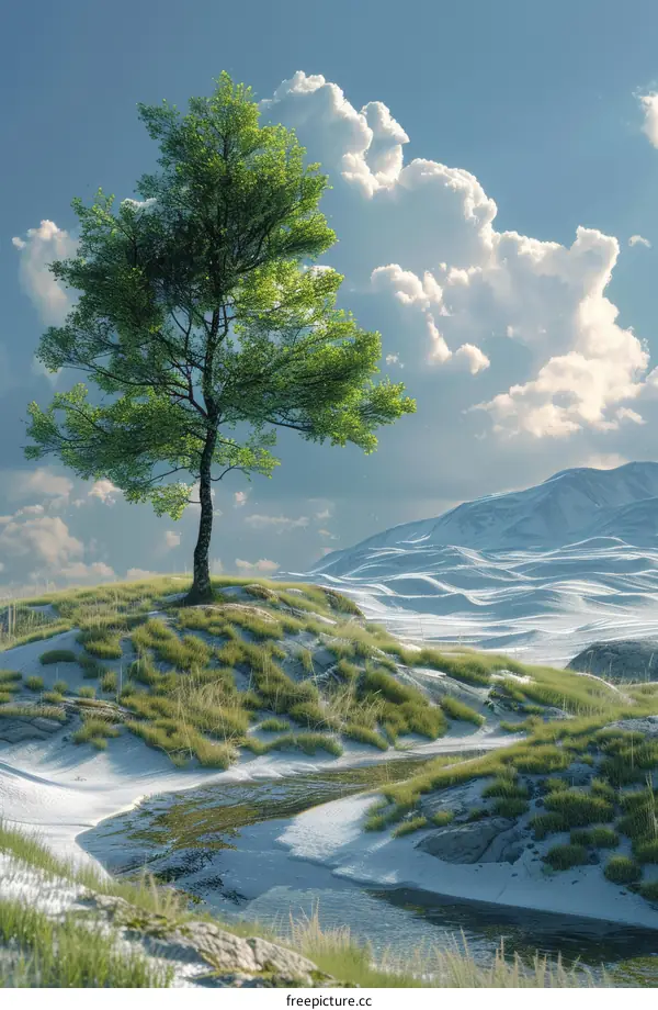 Single Tree on a Hill With Blue Sky and White Clouds