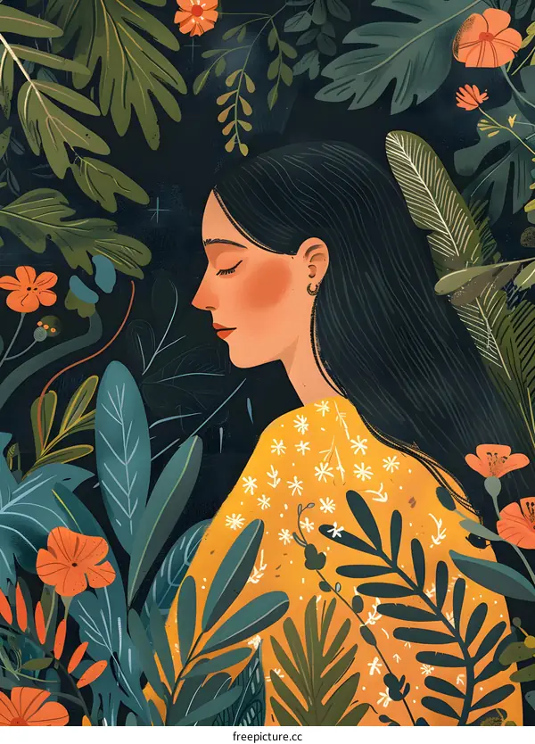 Woman In Yellow Shirt Surrounded By Green Leaves Illustration