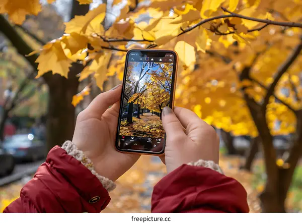 Taking a Photo of Golden Autumn Leaves on a Smartphone