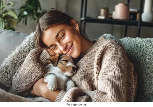 Woman cuddling a puppy on a couch