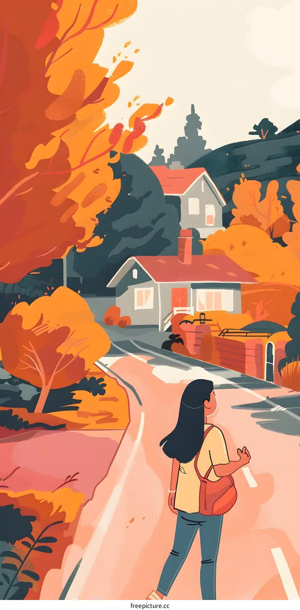 Woman Walking in Autumn Landscape