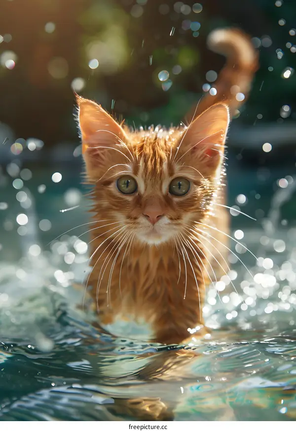 Orange kitten walking in the water