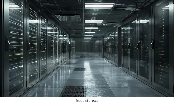 Futuristic server room with supercomputers
