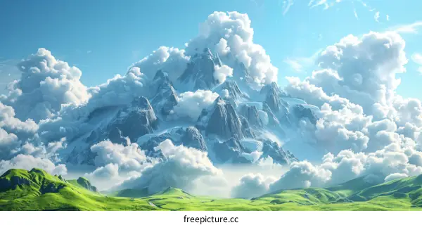 The mountain is covered with white clouds