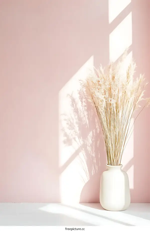 White Vase With Dried Flowers Against Pink Wall