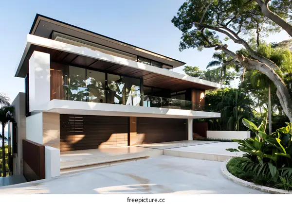 Modern Luxury Home with Glass Balcony and Garage Doors