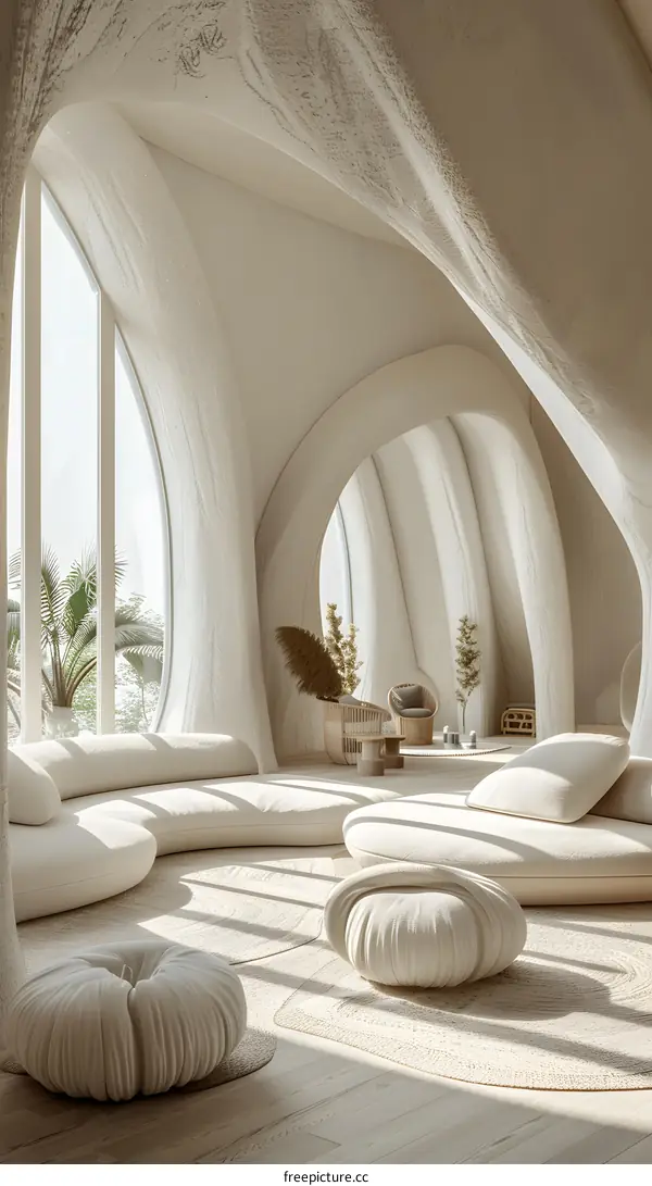 Futuristic interior design with large curved windows and soft seating