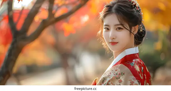 Portrait of a young Korean woman in traditional Korean dress, the hanbok