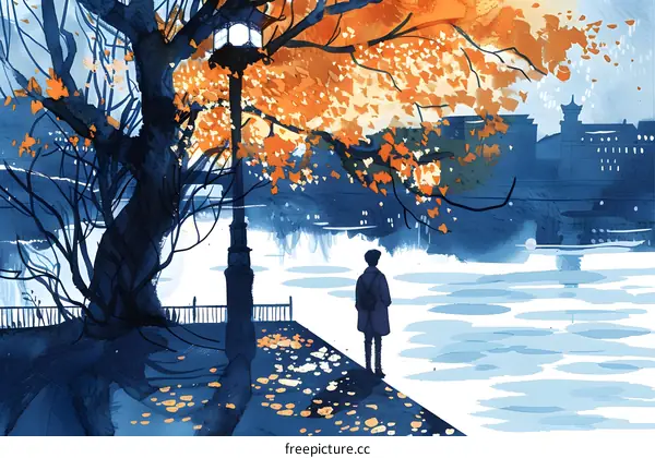 Lonely Figure Under Autumn Tree