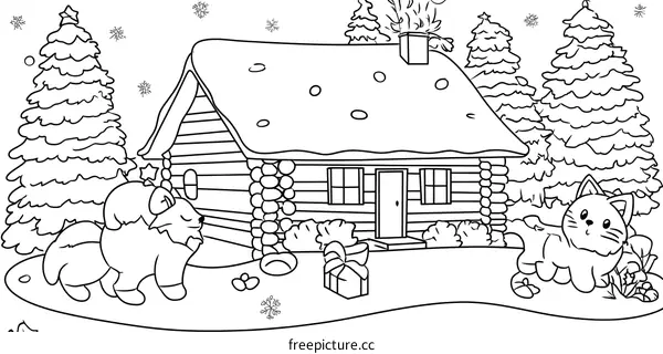 Winter Cabin with Animals Coloring Page