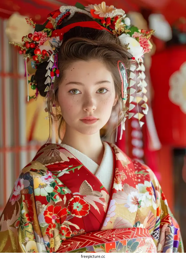 Portrait of a young woman in a kimono with traditional Japanese hairstyle and makeup