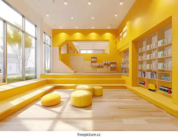 Modern Yellow Library Interior Design with Bookshelves and Comfortable Seating
