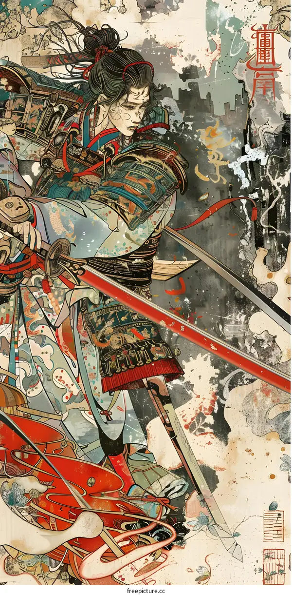 Japanese Samurai Warrior with Swords and Traditional Clothing