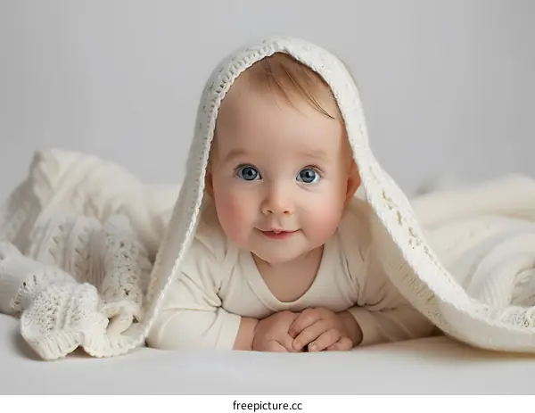 caucasian baby girl smiling under blanket