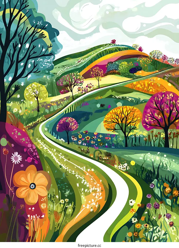 Colorful Winding Road through Hills with Flowers