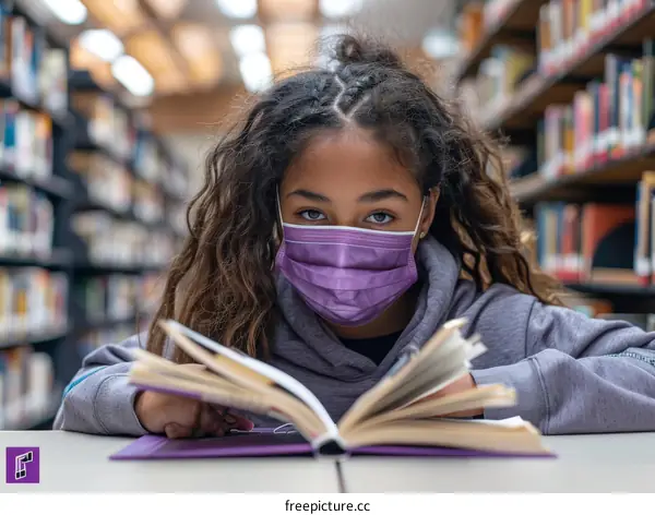 A young girl wearing a purple mask is reading a book in the library
