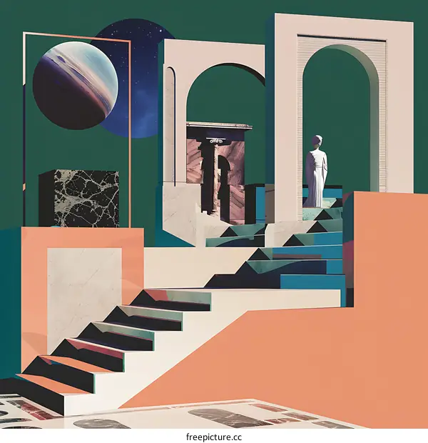 Abstract Art Collage with a  White Figure and Staircase