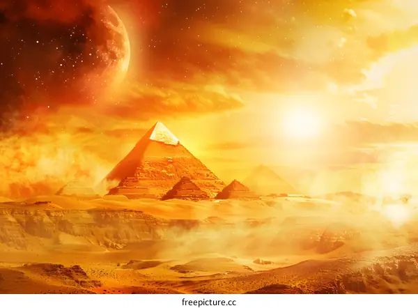 Golden Pyramids in the Desert with a Red Moon