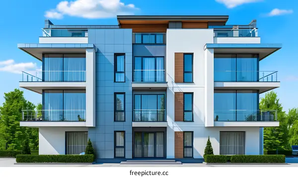 Modern Luxury Apartment Building With Balcony And Glass Windows