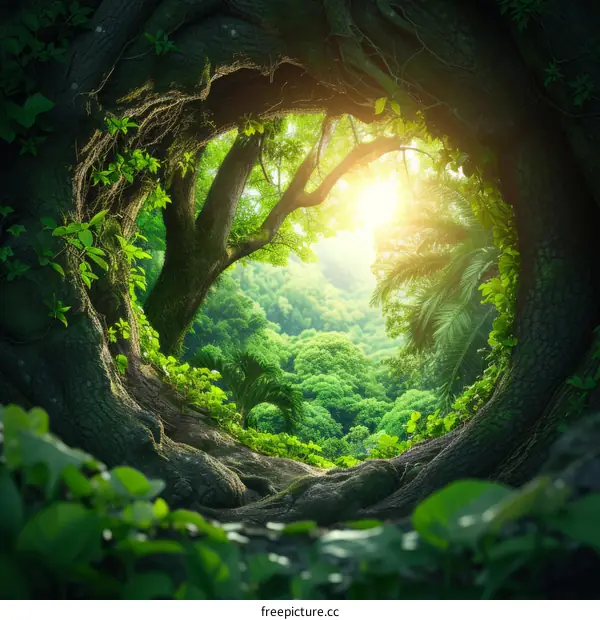 Sunlight shining through a hole in a tree in the middle of a lush green forest