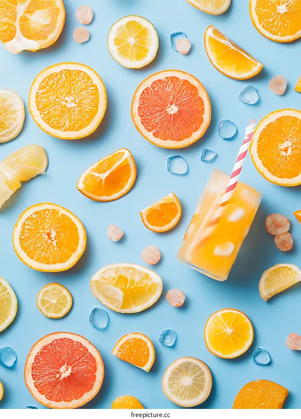 Fresh Citrus Fruit Cocktail on Blue Background