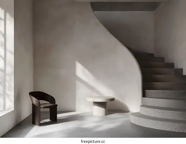 Modern Minimalist Interior Design with Concrete Staircase and Wooden Chair