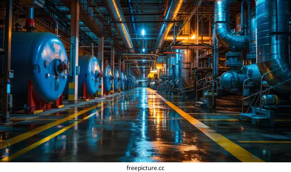 Industrial Interior with Blue Chemical Tanks and Yellow Pipes