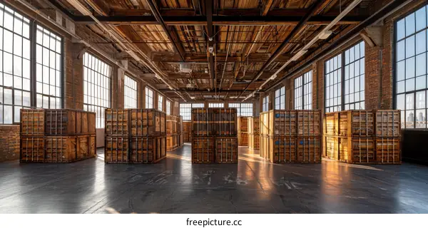 Stacked Wooden Crates in a Large Industrial Warehouse