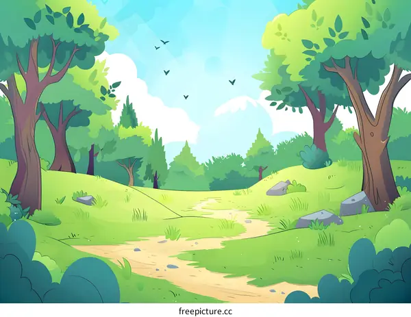 Cartoon Green Forest Illustration With Pathway