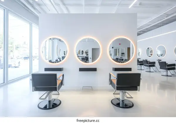 Modern Hair Salon Interior Design with Circular Mirrors