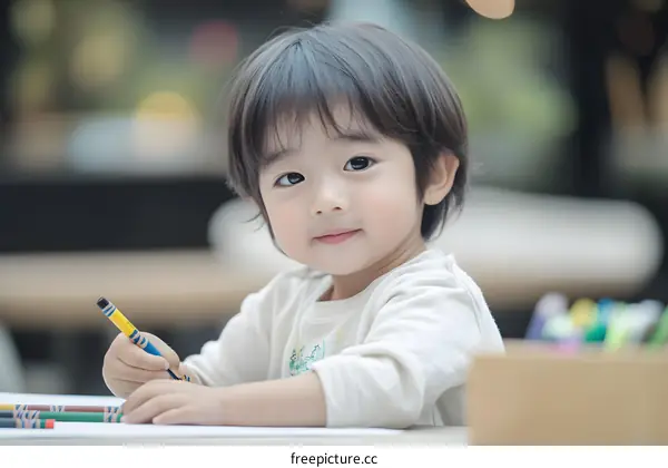 Little Boy Sitting at a Table Coloring with Crayons