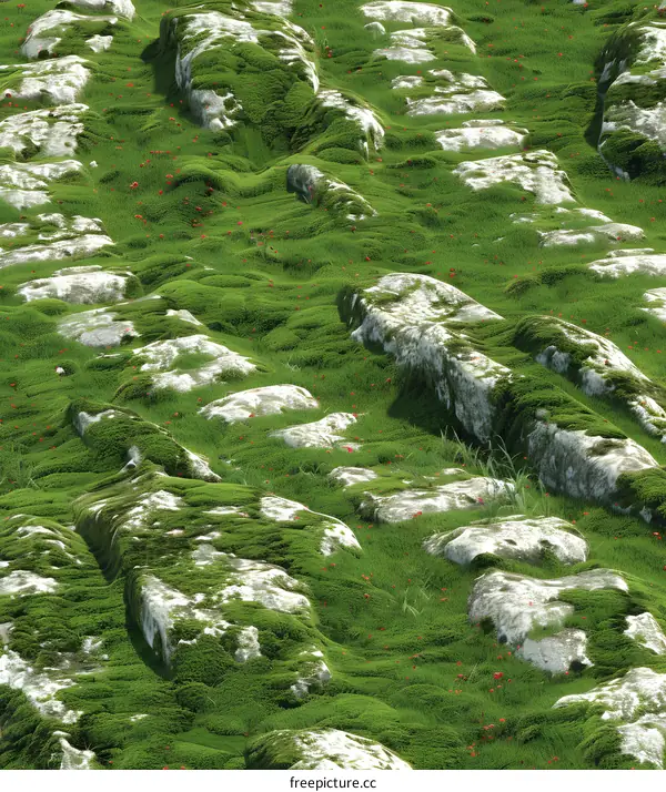 Green Grass Field With Rocks and Moss