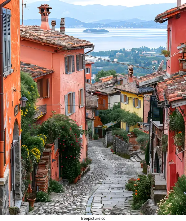 Cobblestone Street in Italian Village with Sea View