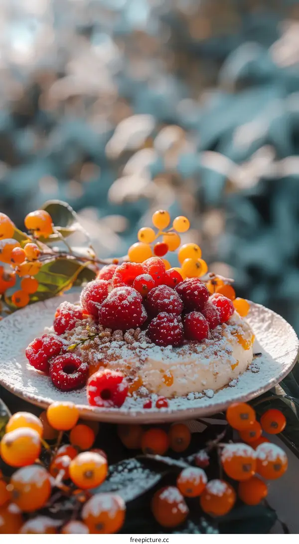 Vibrant Raspberries and Orange Berries on a White Plate