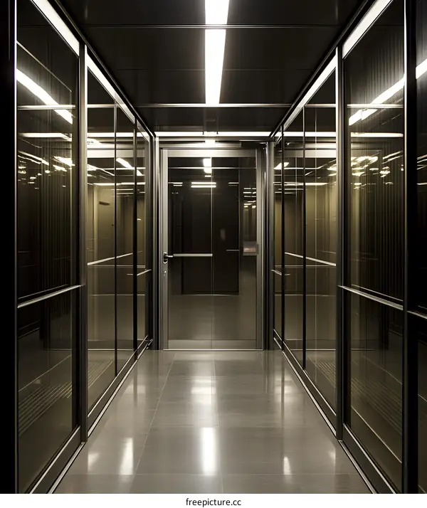 Modern Office Hallway With Glass Doors And Polished Floor