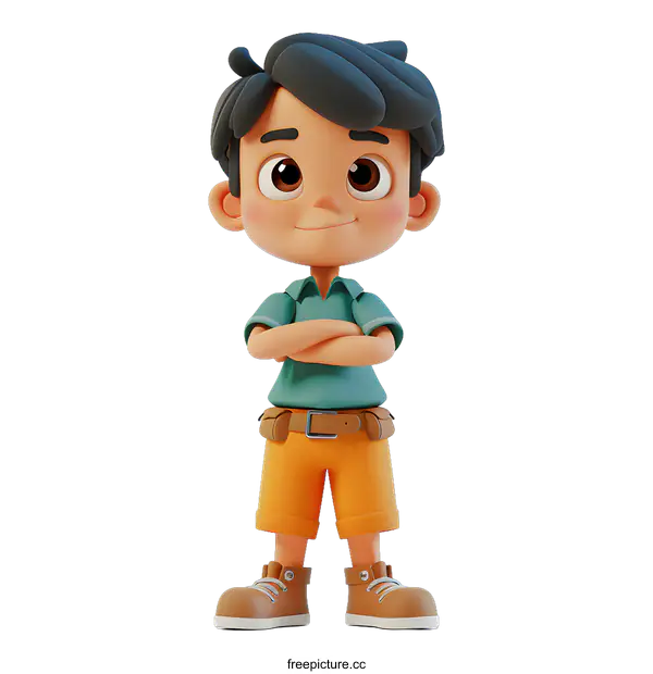 [Transparent Background PNG]Confident Cartoon Boy with Folded Arms